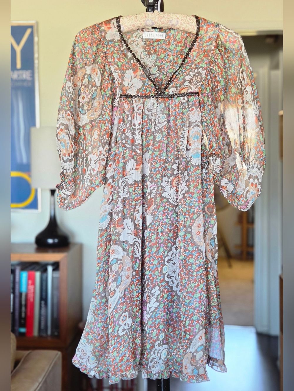 Lynn Adler Boho Floral Puff-Sleeve Silk Mini Dress
